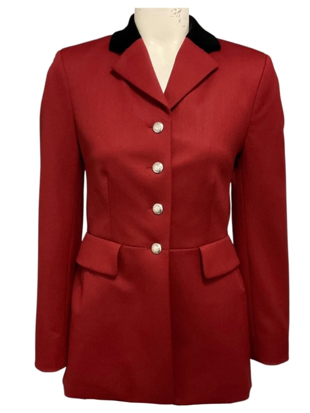 HERMES BRICK RED BUTTON FRONT WOOL RIDING EQUESTRIAN JACKET WITH BLACK VELVET CO